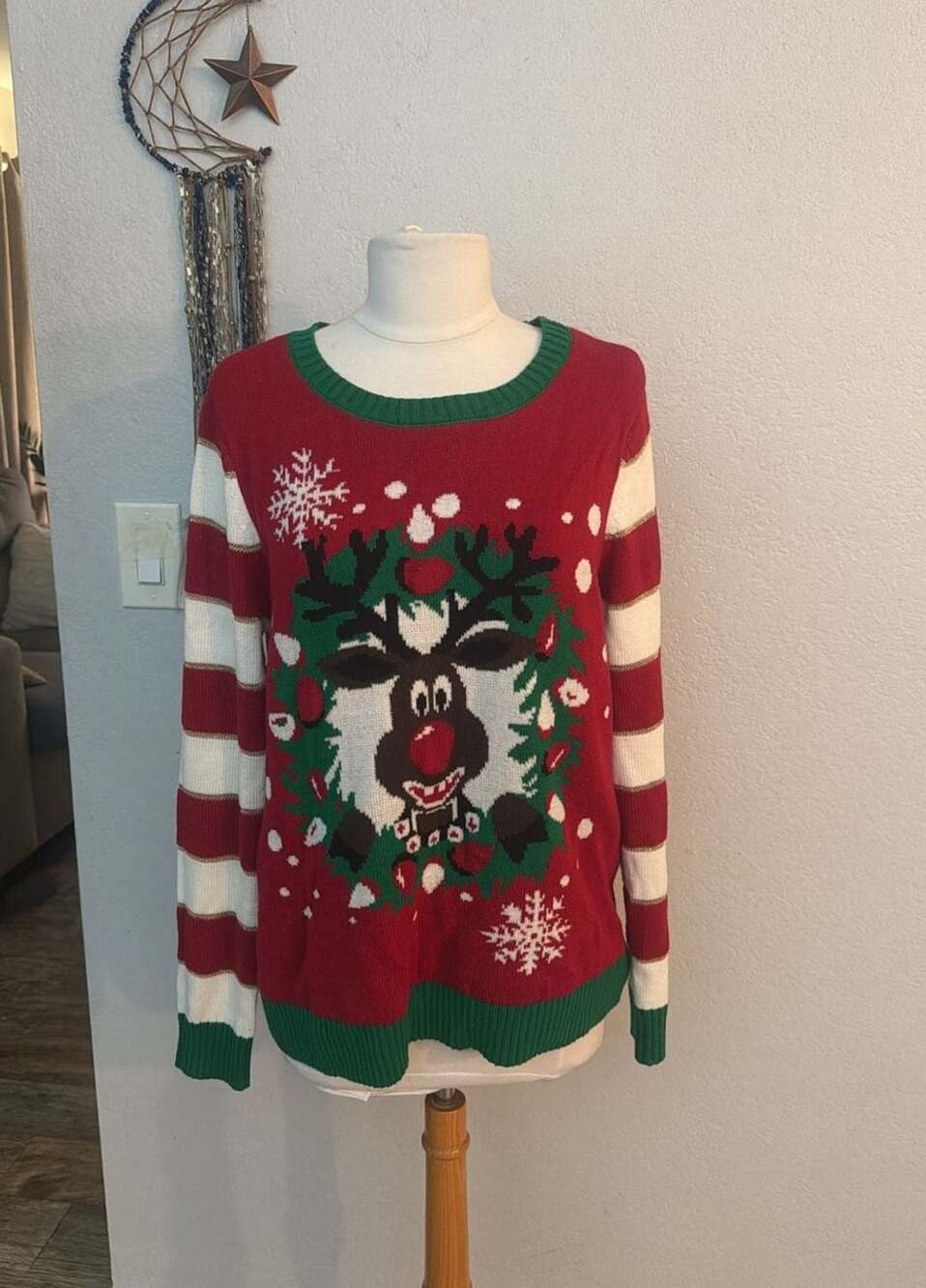 UGLY Christmas Sweater Women's Rudolph Reindeer in a Wreath Long Sleeve Medium